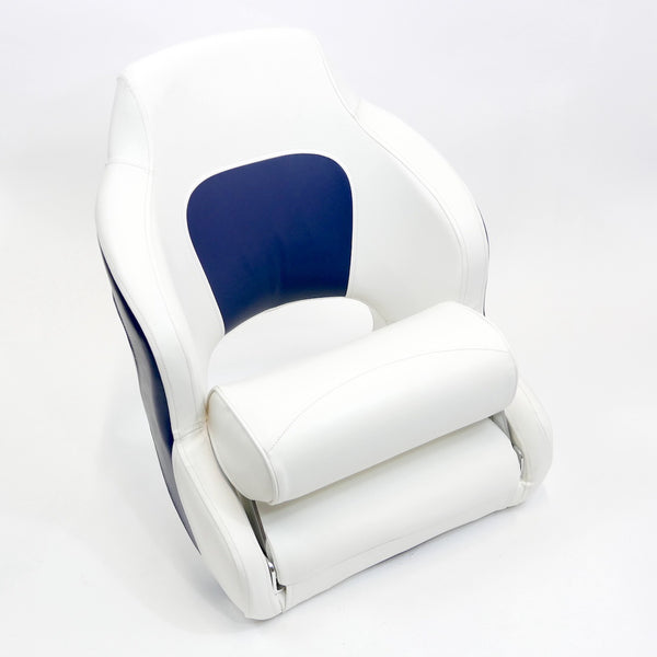 Premium Captain’s Bucket Flip-Up Bolster Seat – White/Blue Style