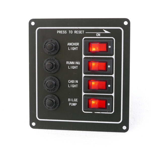 Switch Panel with Push to Reset Fuse and Rocker Switch 4 Gang, 12V