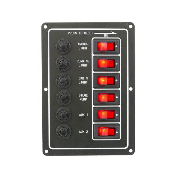 Switch Panel with Push to Reset Fuse and Rocker Switch 6 Gang, 12V